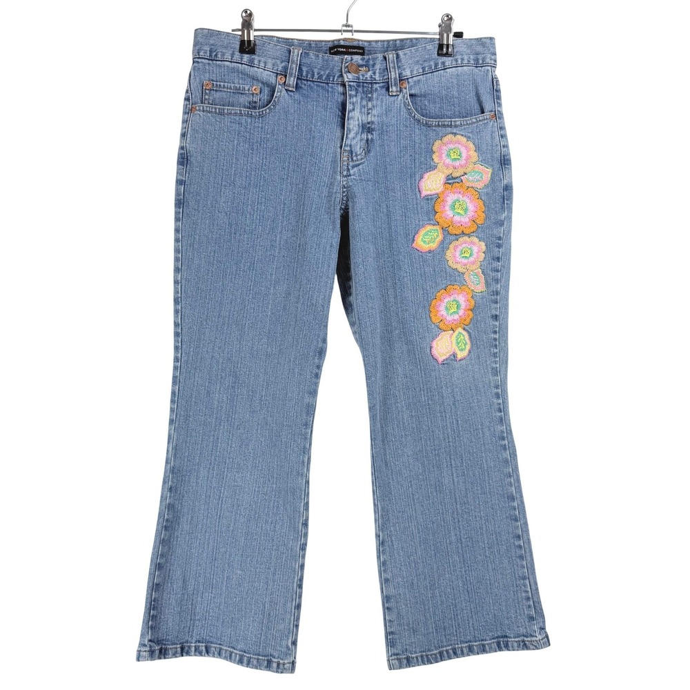 NEW YORK & COMPANY Womens Blue‎ Denim Flare Jeans Embellished Floral Size 6